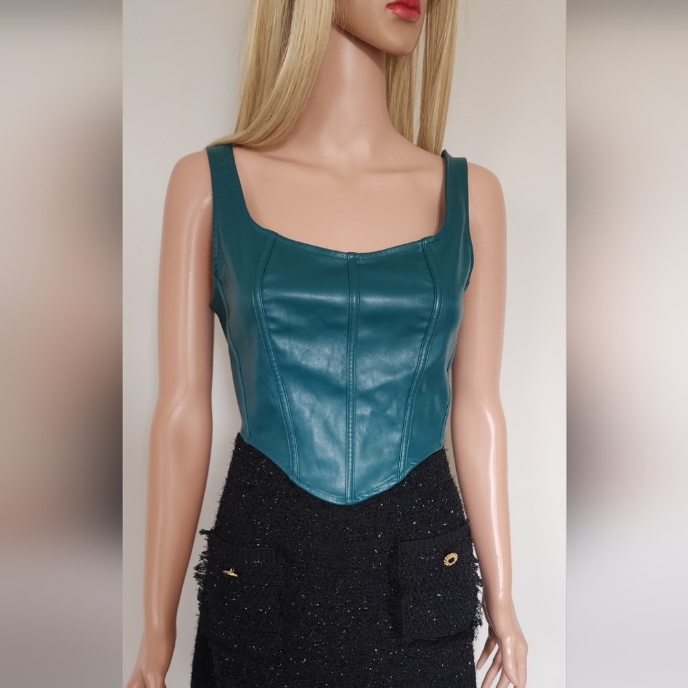 H&M Corset HM SEXY GREEN BLUE BUSTIER TOP FAUX LEATHER 6 NWOT